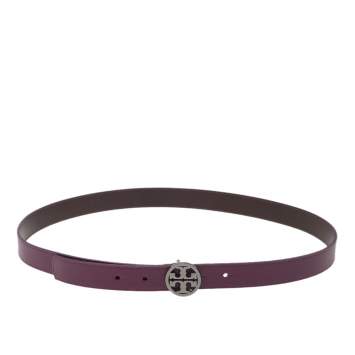 Pre Owned Tory Burch Purple Leather Reva Slim Medium Cut to Size Belt
