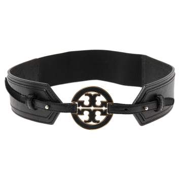 Pre Owned Tory Burch Black  Leather and Elastic Band Logo Waist Belt M