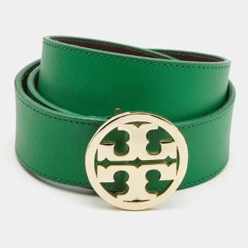 Pre Owned Tory Burch Green Leather Robinson Buckle Belt M