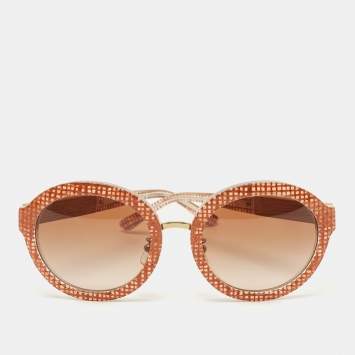 Pre Owned Tory Burch Brown Woven Raffia TY7128 Gradient Round Sunglasses