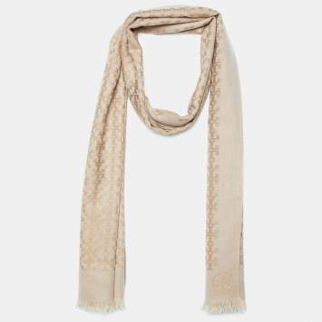Pre Owned Tory Burch Beige Logo Jacquard Wool Fringed Scarf