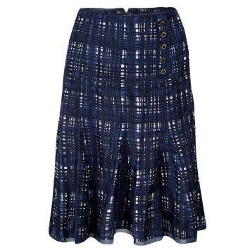 Pre Owned Tory Burch Navy Blue and White Checked Pleated Silk Wess Skirt L