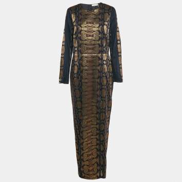 Tory Burch Navy Blue Lurex Jacquard Long Sleeve Maxi Dress L