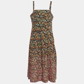 Tory Burch Black Floral Print and Sequin Embroidery Cotton Midi Dress L
