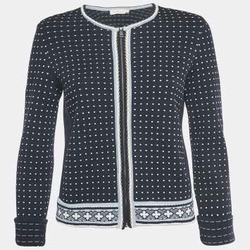 مملوكة مسبقًا Tory Burch Navy Blue Dotted Stretch Knit Zip-up Jacket XS