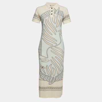 مملوكة مسبقًا Tory Burch White Printed Jersey Collar Midi Dress S