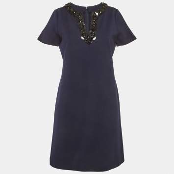 مملوكة مسبقًا Tory Burch Navy Blue Sequin Detail Jersey Mini Dress S