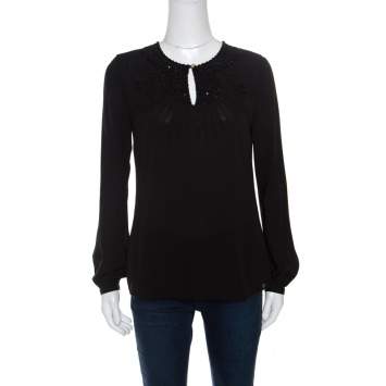 Pre Owned Tory Burch Black Silk Embellished Long Sleeve Natasha Tunic S