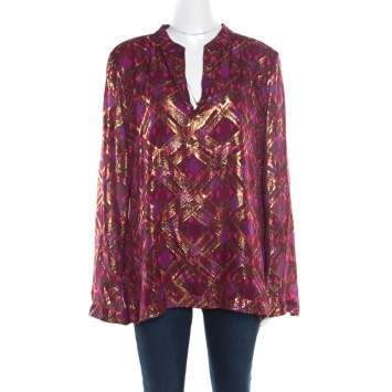 Pre Owned Tory Burch Merlot Purple Silk Lurex Plaid Patterned Stephanie Tunic Top M