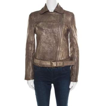 Pre Owned Tory Burch Metallic Washed Leather Biker Jacket S