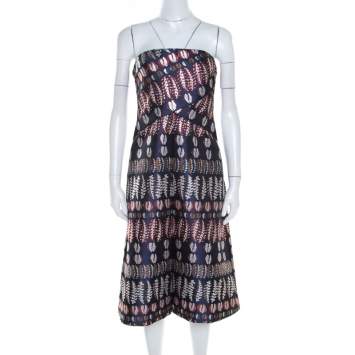 Pre Owned Tory Burch Navy Blue Lurex Fern Patterned Pleated Bodice Strapless Dress S