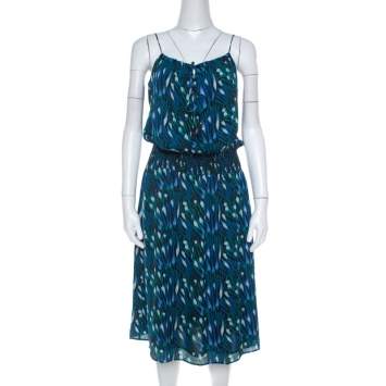 Pre Owned Tory Burch Blue Peacock Print Silk Tassel Detail Camisole Dress M