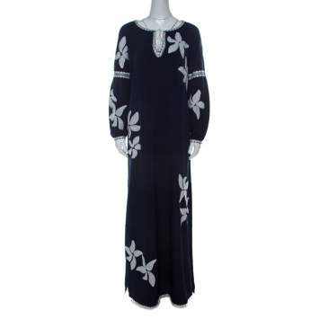 Pre Owned Tory Burch Navy Blue Crepe Embroidered Full Sleeve Jillian Maxi Dress M