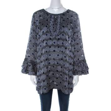 Pre Owned Tory Burch Navy Blue and White Printed Silk Ruffle Detail Top XL 