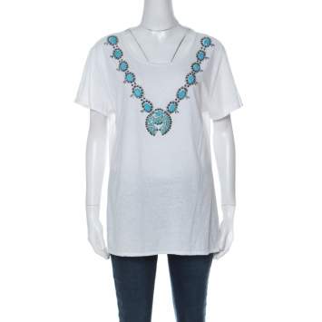 Pre Owned Tory Burch White Cotton Turquoise Bead Embellished T Shirt XL
