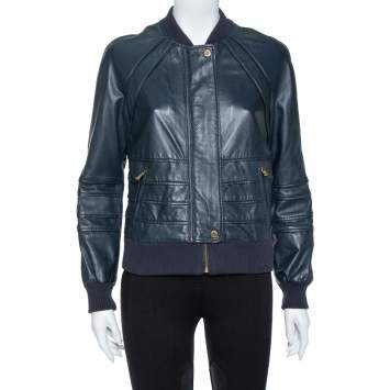 Pre Owned Tory Burch Navy Blue Perforated Leather Biker Jacket S 