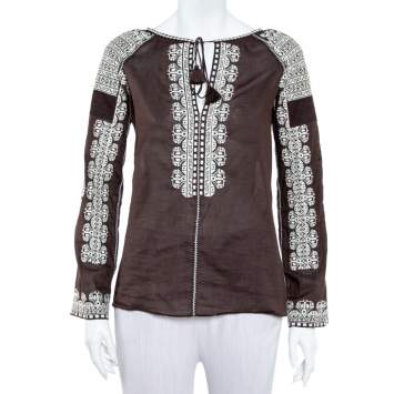 Pre Owned Tory Burch Brown Cotton Embroidered Neck Tie Detail Top S