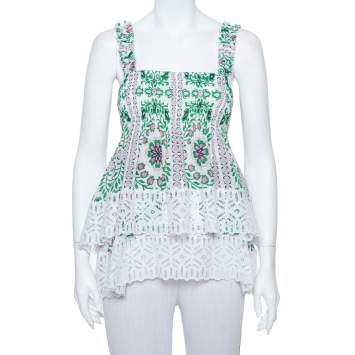 Pre Owned Tory Burch White Garden Party Printed Silk Smocked Tiered Top M