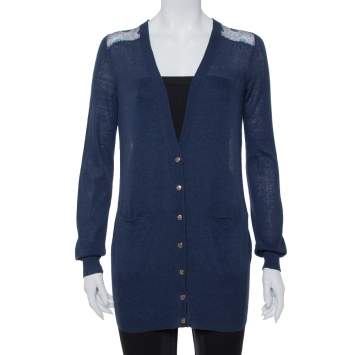 Pre Owned Tory Burch Navy Blue Knit & Peacock Feather Printed Silk Button Front Cardigan XS