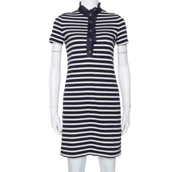 Pre Owned Tory Burch navy Blue & White Striped Cotton Ruffled Collar T-Shirt Dress XS