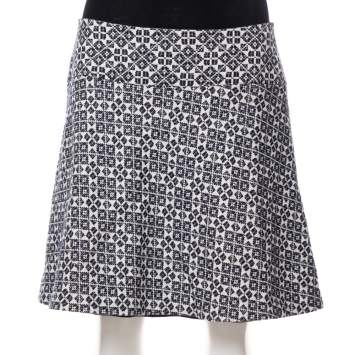 Pre Owned Tory Burch Navy Blue & White Textured Cotton Geometric Embroidered Burlap Mini Skirt M