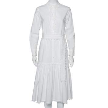 Pre Owned Tory Burch White Cotton Scalloped Ruffled Trim Shirt Dress S 