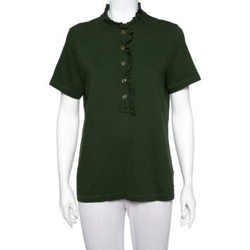 Pre Owned Tory Burch Olive Green Cotton Pique Ruffled Lidia T-Shirt XL
