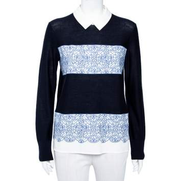 Pre Owned Tory Burch Navy Blue Wool Contrast Paneled Collared Sweater M