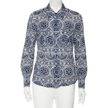 Pre Owned Tory Burch Blue & White Printed Cotton Buttoned Front Shirt M