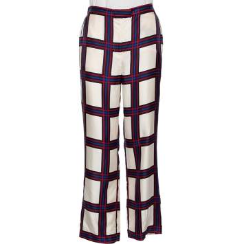 Pre Owned Tory Burch Navy Blue Valley Plaid Silk Harper Pant M