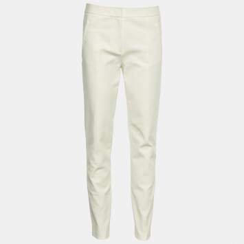 Pre Owned Tory Burch Ivory Stretch Cotton Vanner Fitted Trousers S/Waist - 31"