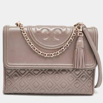 Pre Owned Tory Burch Grey Quilted Leather Fleming Shoulder Bag
