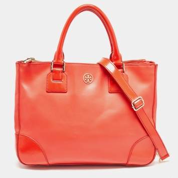 Pre Owned Tory Burch Red Patent and Leather Large Double Zip Robinson Tote