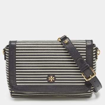 Pre Owned Tory Burch Black/White Stripe Leather Kerrington Crossbody Bag