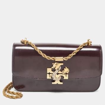 Pre Owned Tory Burch Burgundy Glossy Leather Eleanor Dragon Rectangular Shoulder Bag