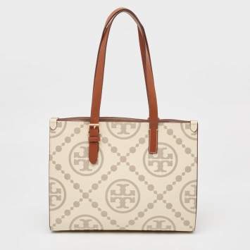 Pre Owned Tory Burch New Cream/Brown T Monogram Leather Small Contrast Tote