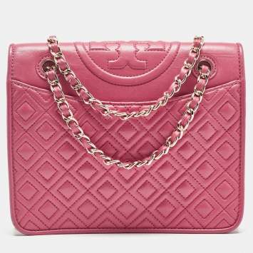 Pre Owned Tory Burch Pink Leather Small Fleming Shoulder Bag