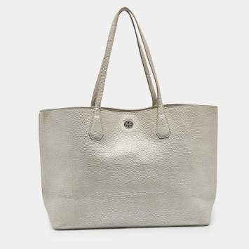 Pre Owned Tory Burch Metallic Grey Leather Perry Tote