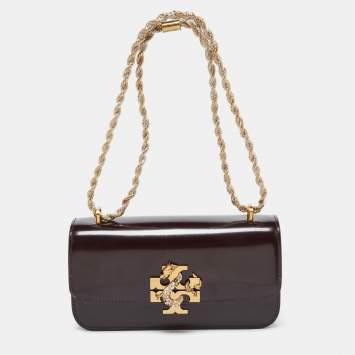 Pre Owned Tory Burch Burgundy Glossy Leather Eleanor Dragon Rectangular Shoulder Bag