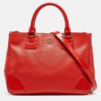 Pre Owned Tory Burch Orange Patent and Leather Large Robinson Double Zip Tote