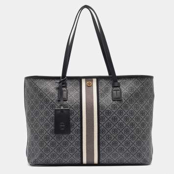 Pre Owned Tory Burch Grey/Black Logo Coated Canvas Zip Shopper Tote