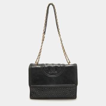 Pre Owned Tory Burch Black Quilted Leather Fleming Shoulder Bag