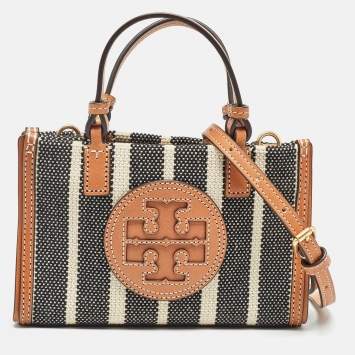 Pre Owned Tory Burch Black/Ivory Striped Canvas and Leather Mini Ella Tote