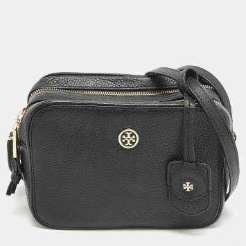 Pre Owned Tory Burch Black Leather Robinson Double Zip Crossbody Bag