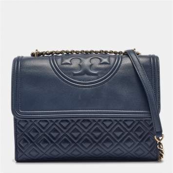 Pre Owned Tory Burch Navy Blue Quilted Leather Fleming Shoulder Bag