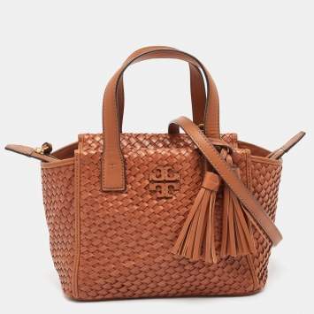 Pre Owned Tory Burch Brown Woven Leather Mini Thea Tote