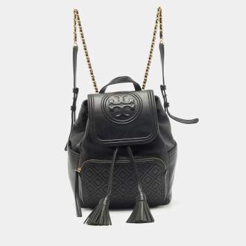 Pre Owned Tory Burch Black Quilted Leather Fleming Drawstring Backpack
