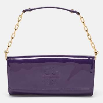 Pre Owned Tory Burch Purple Patent Leather Logo Embossed Flap Clutch Bag