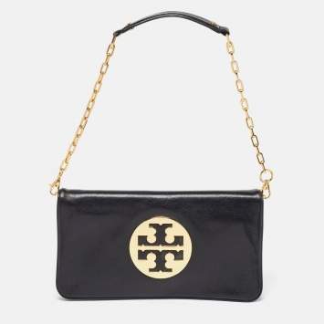 Pre Owned Tory Burch Black Leather Reva Chain Clutch