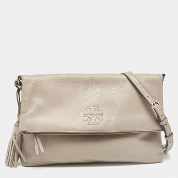 Pre Owned Tory Burch Grey Leather Thea Fold Over Crossbody Bag